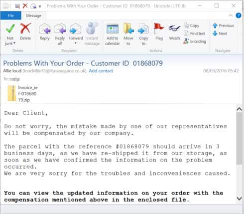 Problems with your order scam email