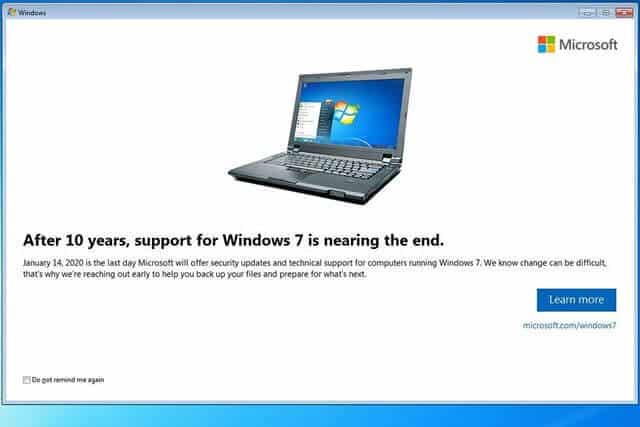 Windows 7 end of life popup