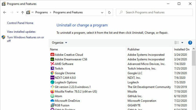 Windows 10 list installed programs