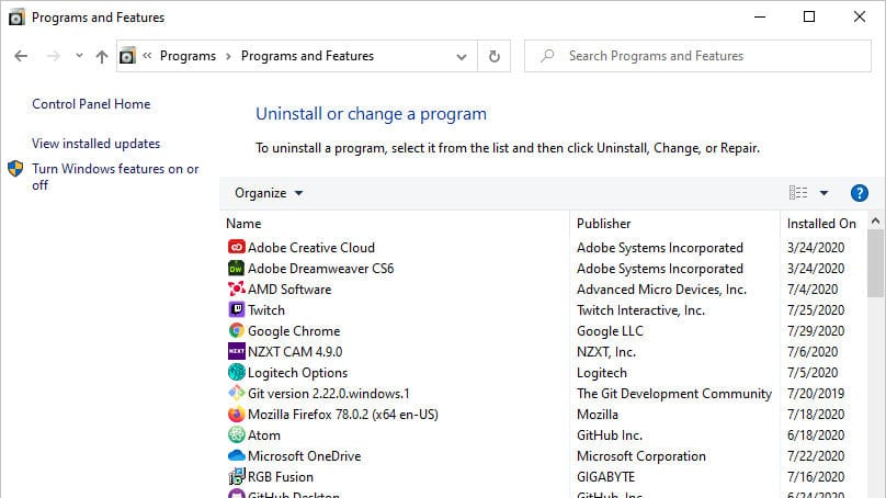 Windows 10 list installed programs