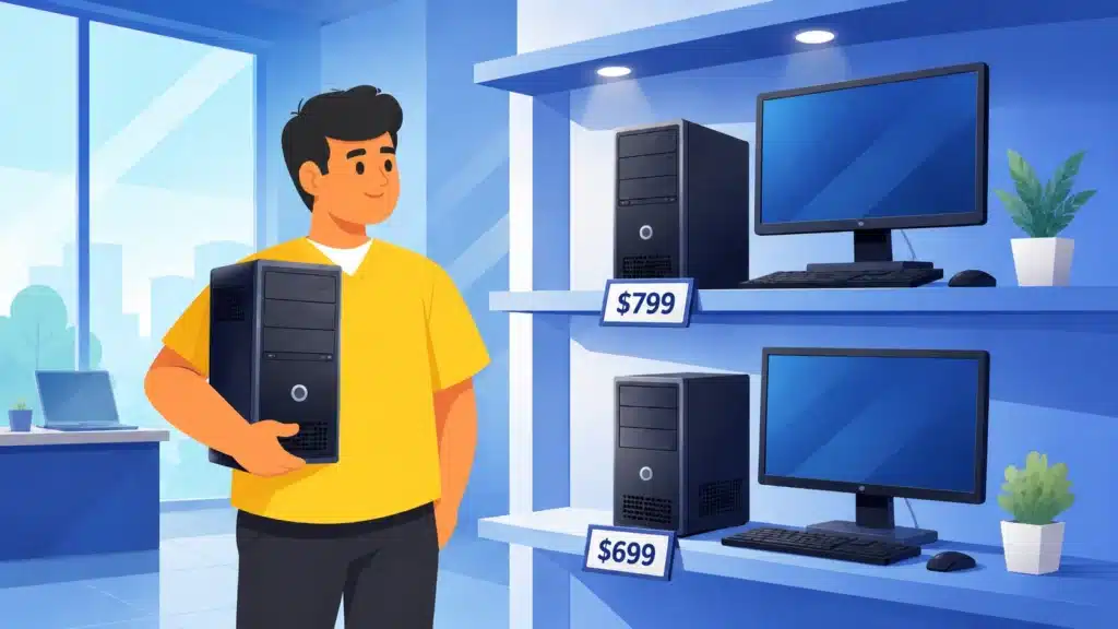 A happy customer holding a black desktop computer tower at the Fix My Laptop store, with refurbished PCs and computer monitors on display shelves in the background.