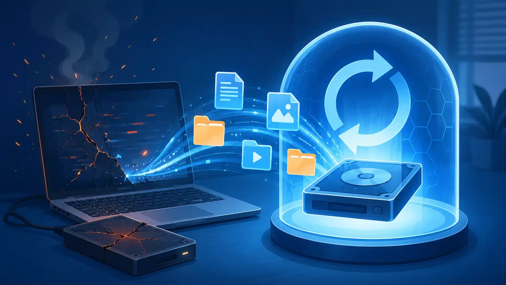 Digital files transferring from a cracked, broken laptop to a secure hard drive, representing professional data recovery services at Fix My Laptop.