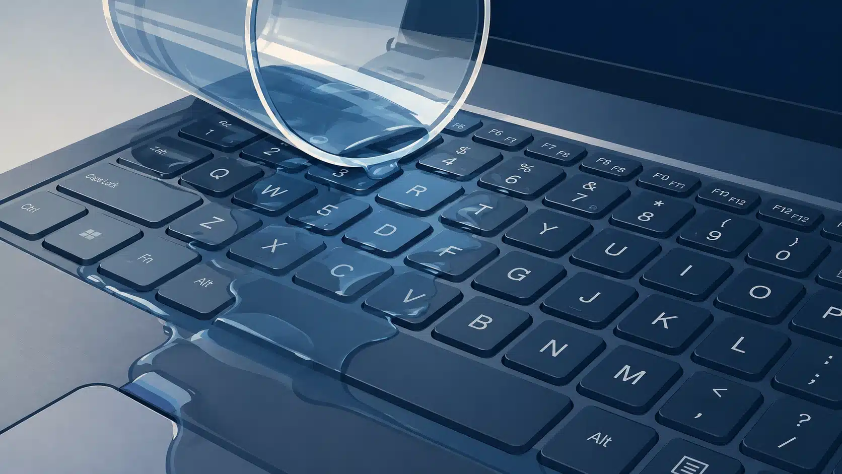 Water spilling from a glass onto a laptop keyboard, illustrating expert laptop water damage and spill repair services by Fix My Laptop.