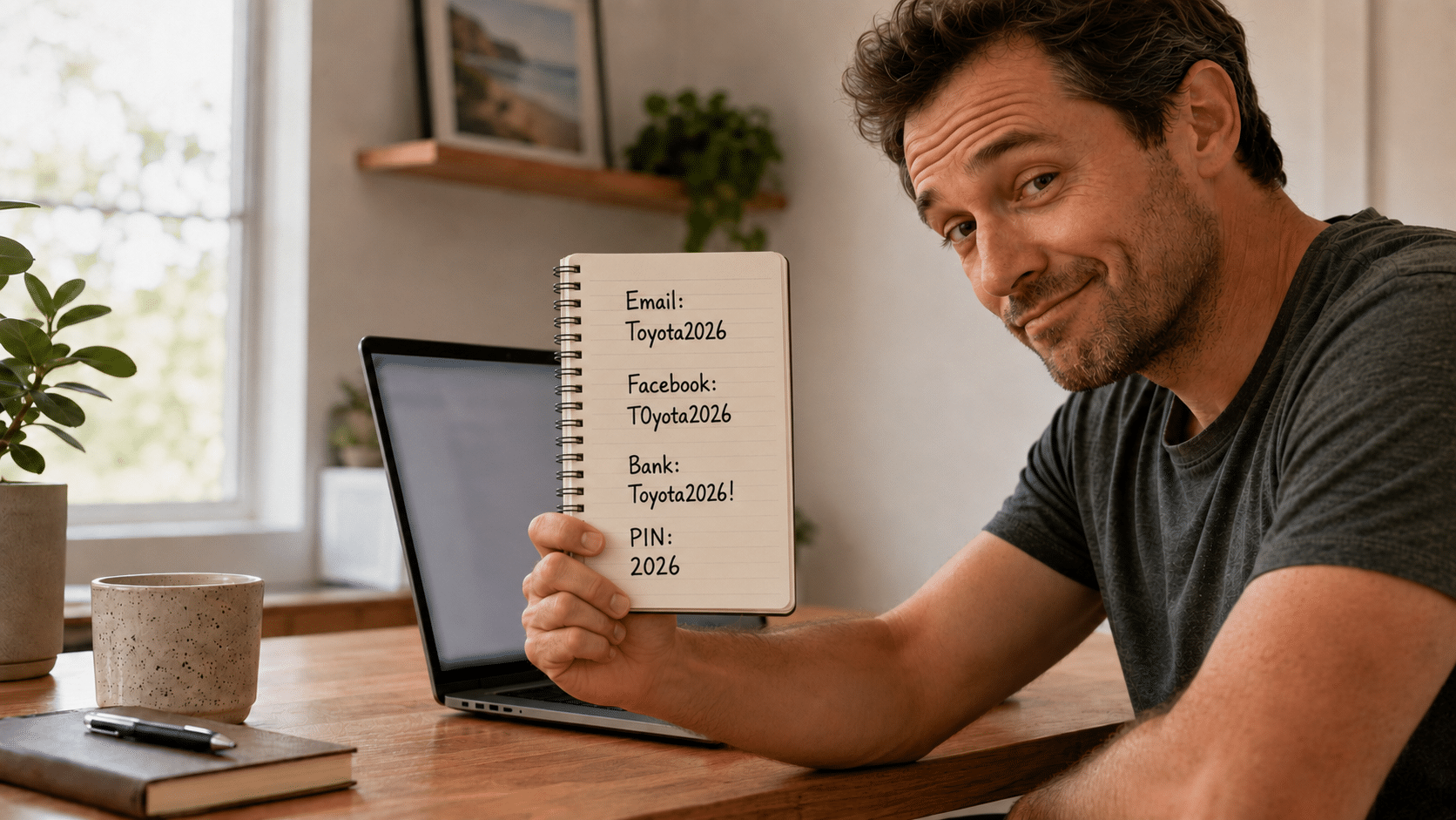 man holding passwords book with easy to guess passwords