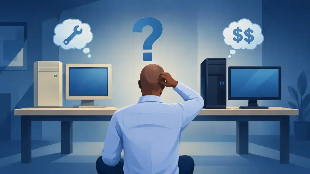A person deciding whether to repair an old computer or replace it with a new one, highlighting the repair vs replace cost decision with Fix My Laptop.