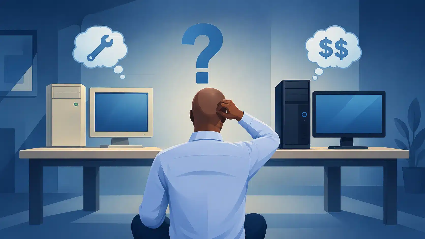 A person deciding whether to repair an old computer or replace it with a new one, highlighting the repair vs replace cost decision with Fix My Laptop.