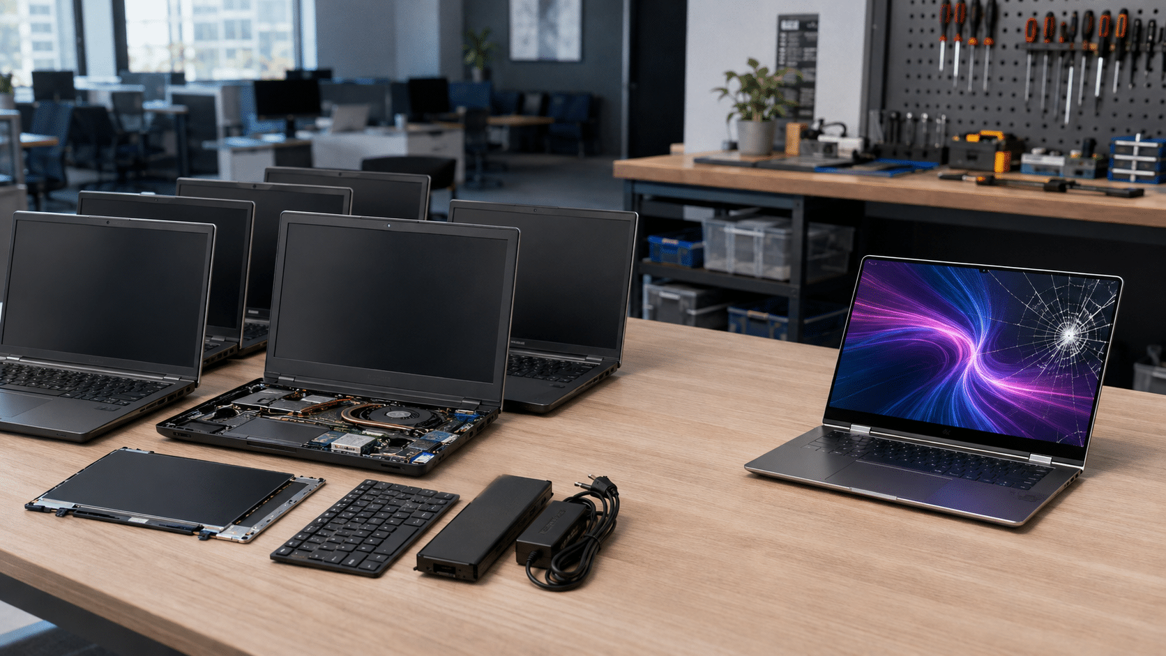 Standard business laptops and spare parts beside a premium convertible with a cracked screen.